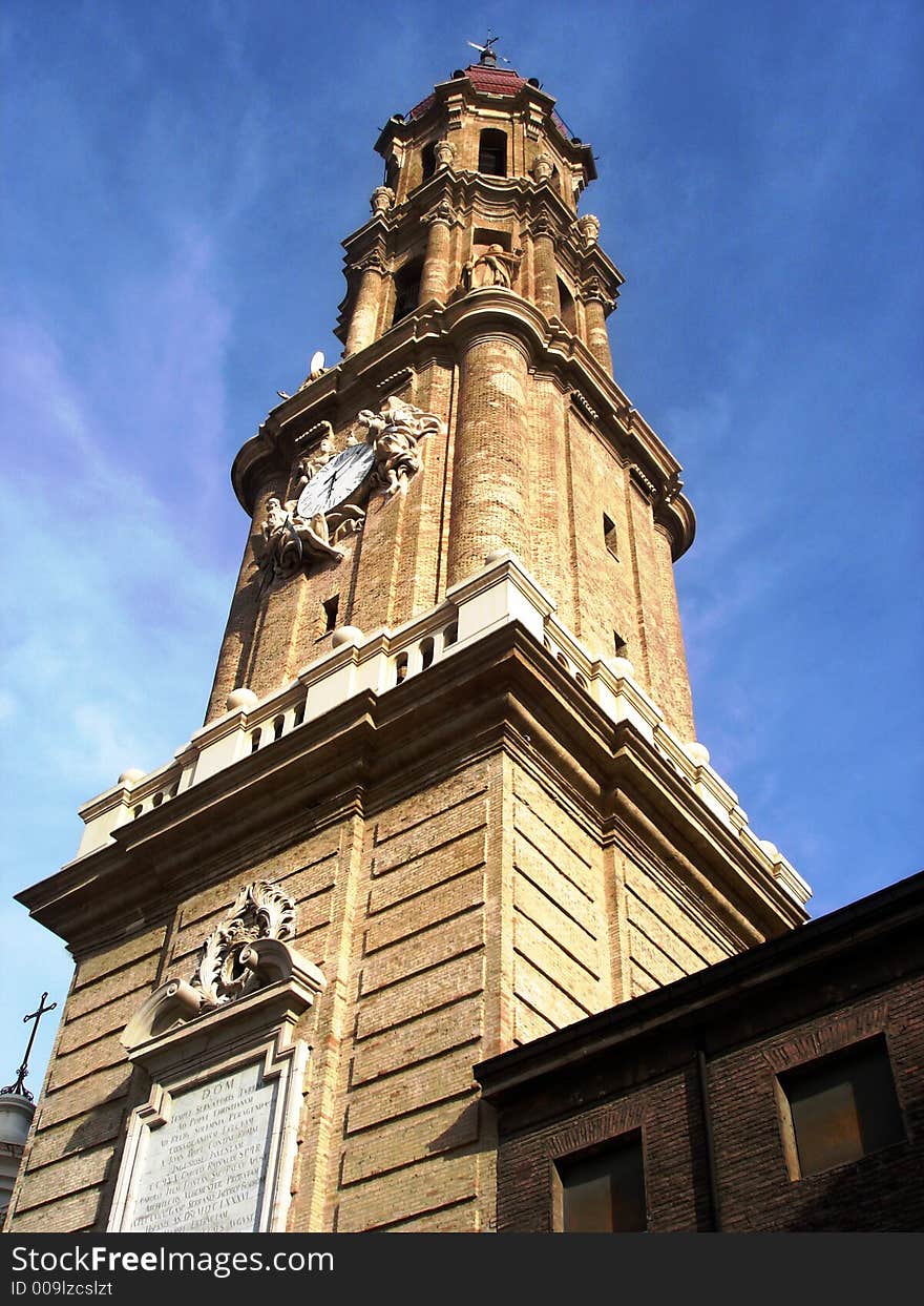 Ancient clock tower in Zaragoza\'s city centre, part of one of it\'s many churches