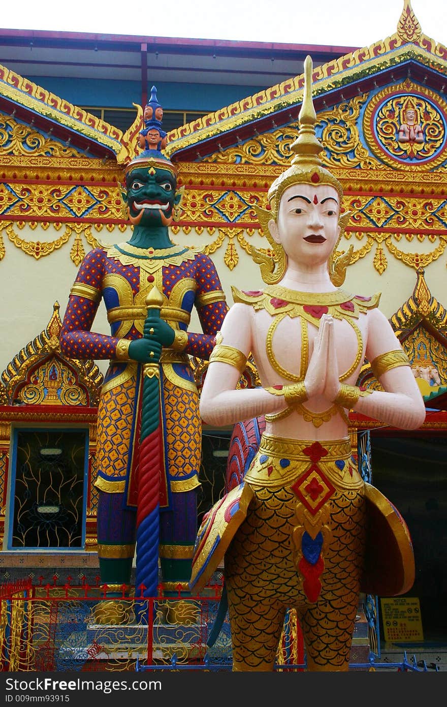 A painted statue outside Wat Chayamangkalaram, a Thai temple in the Malaysian island on Penang. A painted statue outside Wat Chayamangkalaram, a Thai temple in the Malaysian island on Penang.