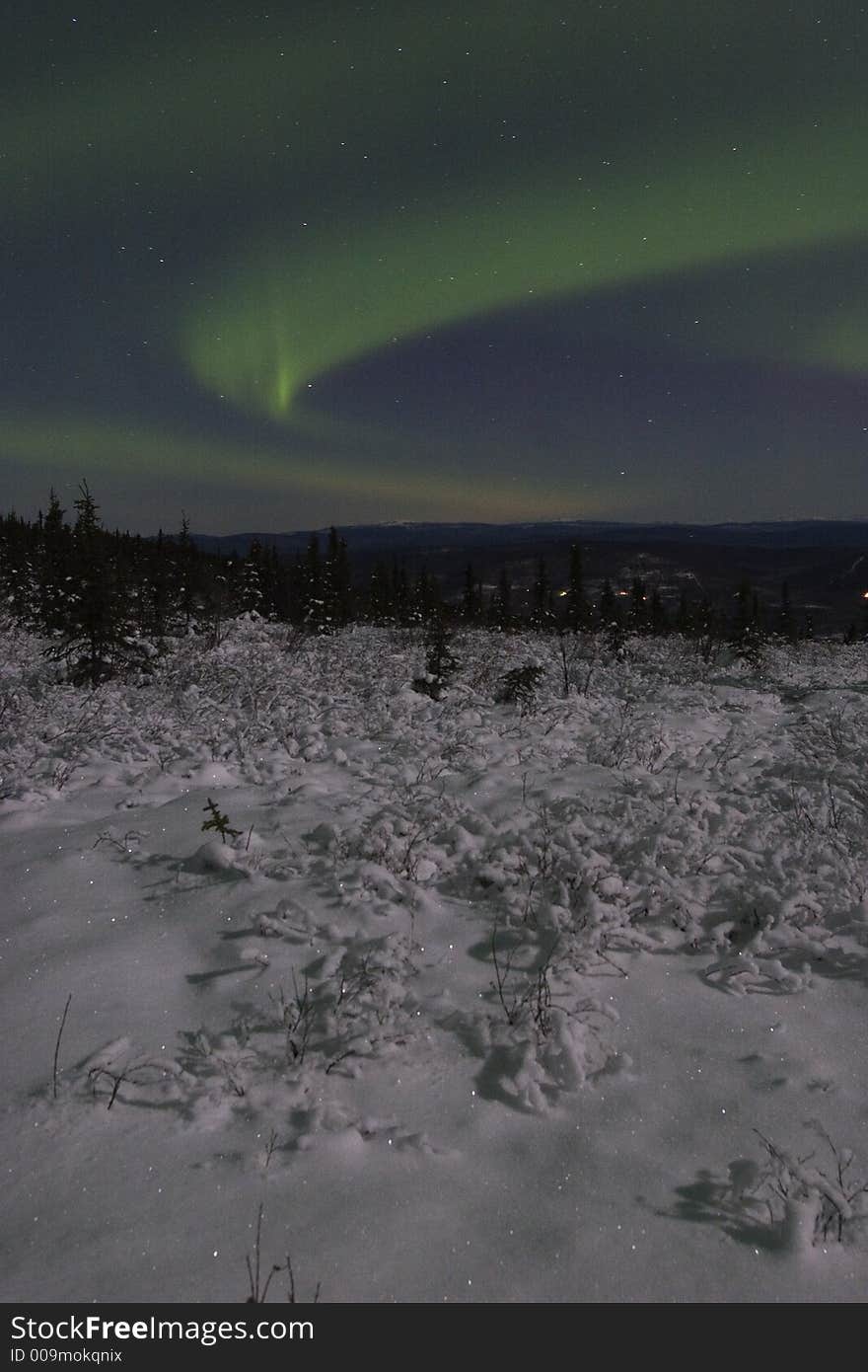 Winter night landscape with northern lights