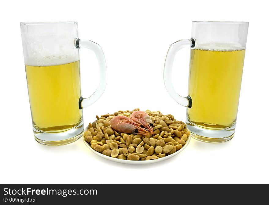 Two mugs of beer and plate with snacks. Clipping path included.