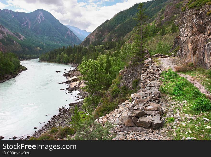 Road, mountains and river.