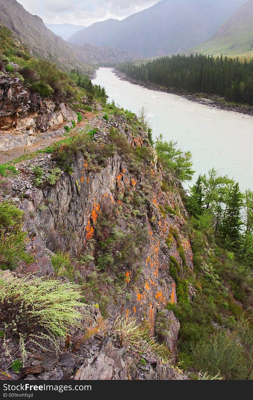 Road, mountains and river.