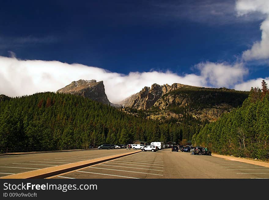 Rocky Mountain National Park Colorado with mountains, clouds, and blue sky