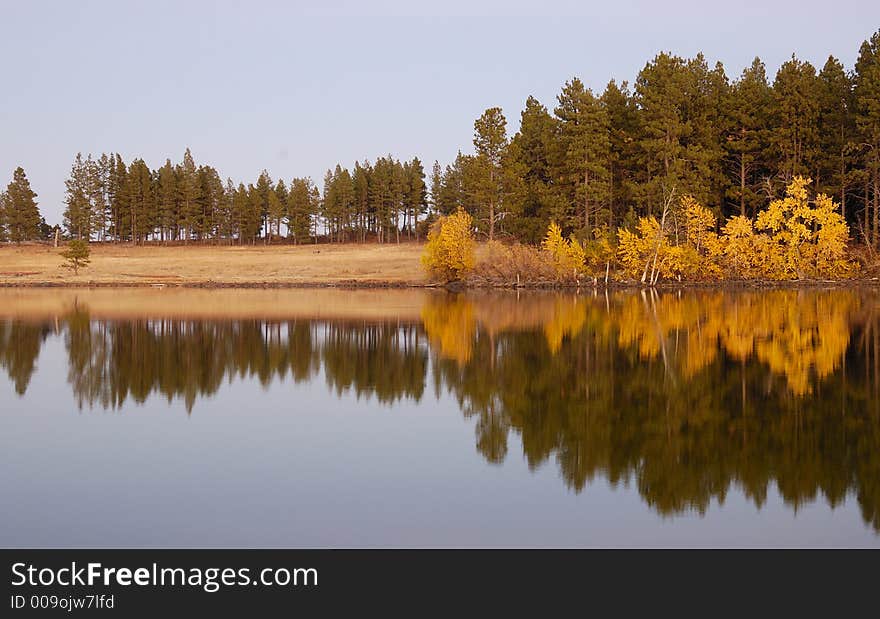 Morgan lake late afternoon sunset fall La Grande yellow pine trees colors reflection