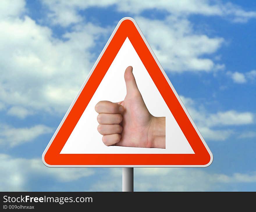 Triangle sign with hand (okay), sky background