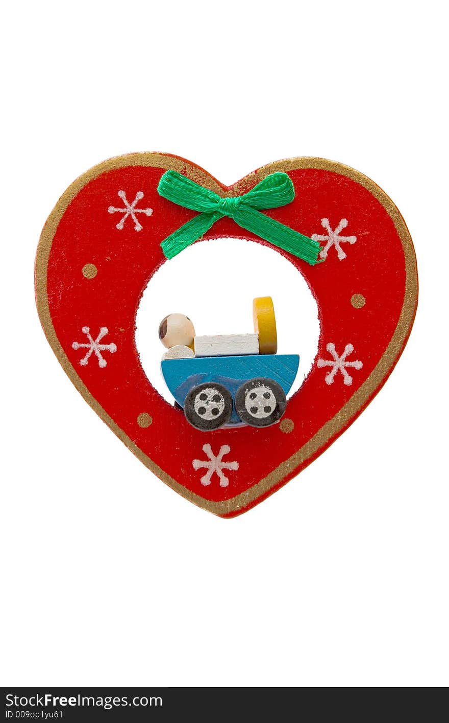 Christmas-tree decoration: 
red heart with  baby carriage