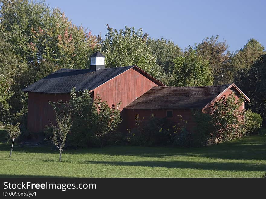 Photo of a red country barn on a bright summer day.