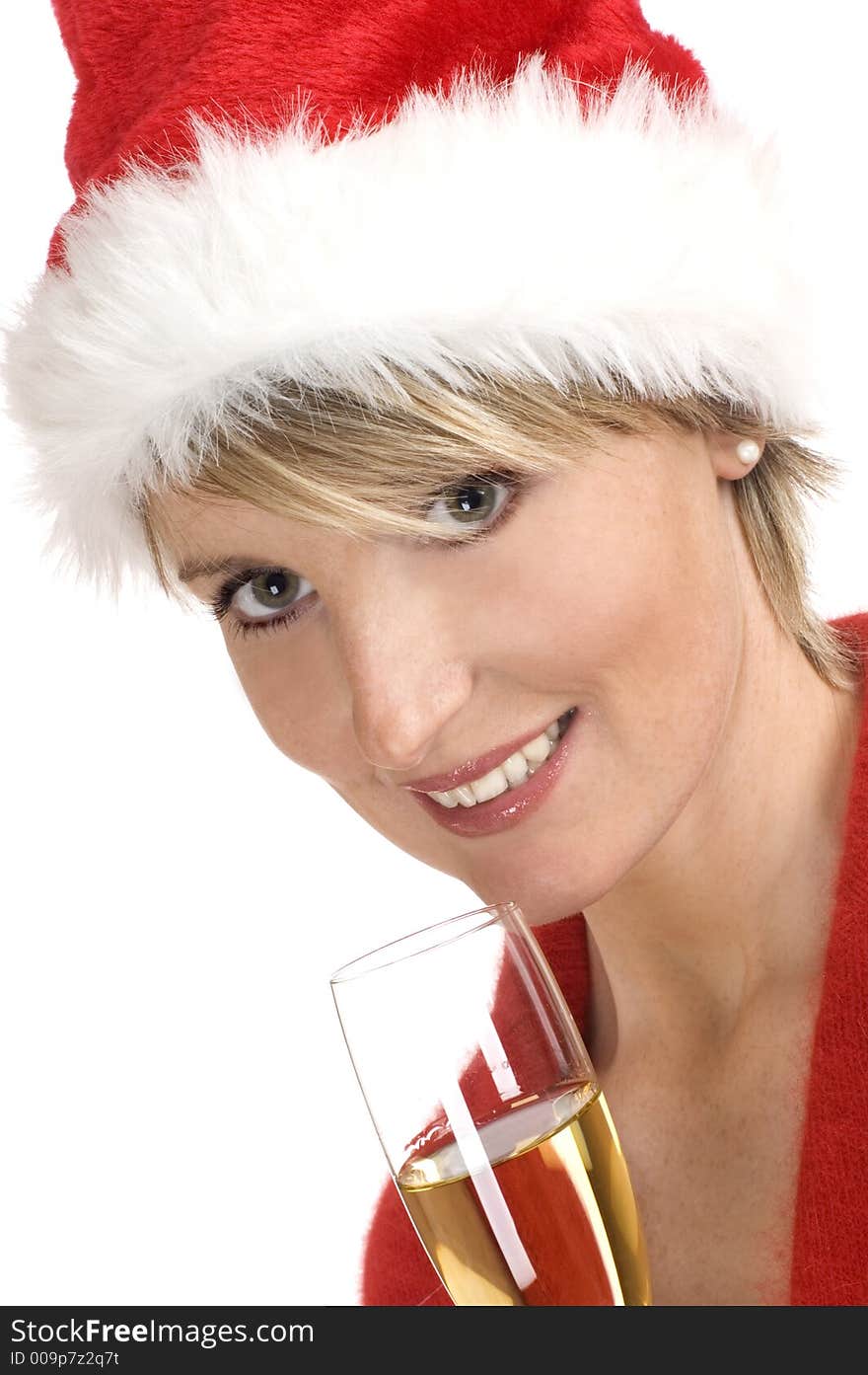 Santa girl drinking champagne close up shoot. Santa girl drinking champagne close up shoot