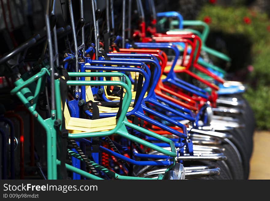 Row of bicycle in green, blue and red - landscape format. Row of bicycle in green, blue and red - landscape format