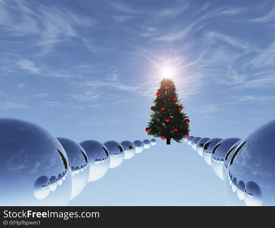 Christmas Tree in surreal sky blue with path of spheres