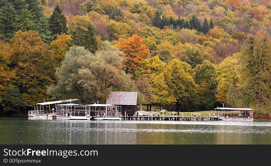 A boat harbor of litle lake in Plitvice natural park. A boat harbor of litle lake in Plitvice natural park