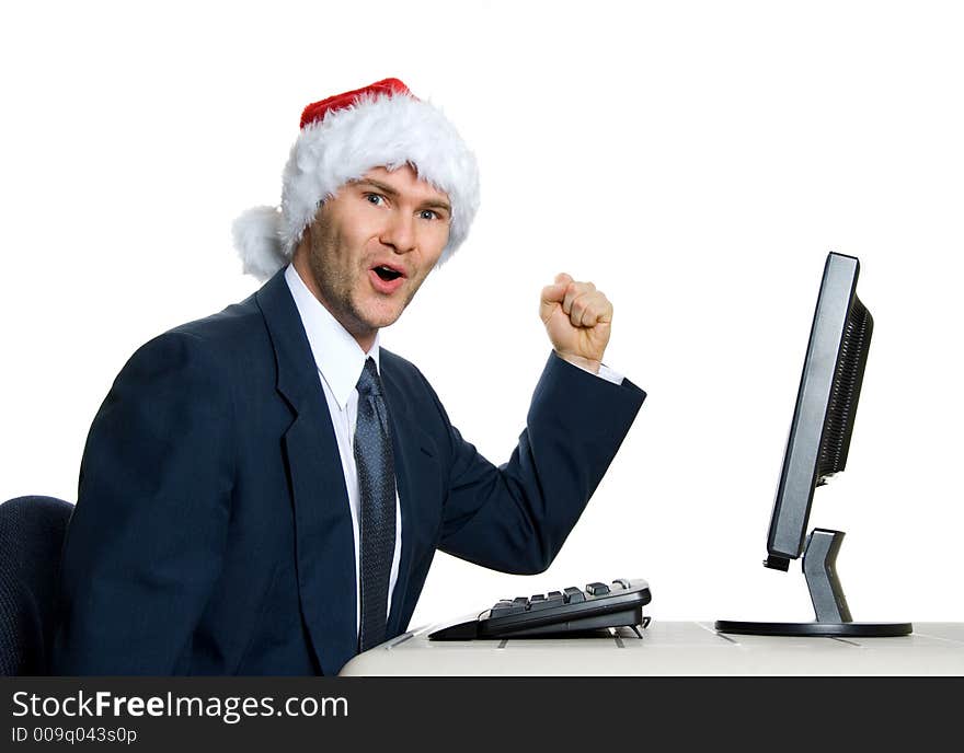 Happy man in blue suit with santa hat. Happy man in blue suit with santa hat