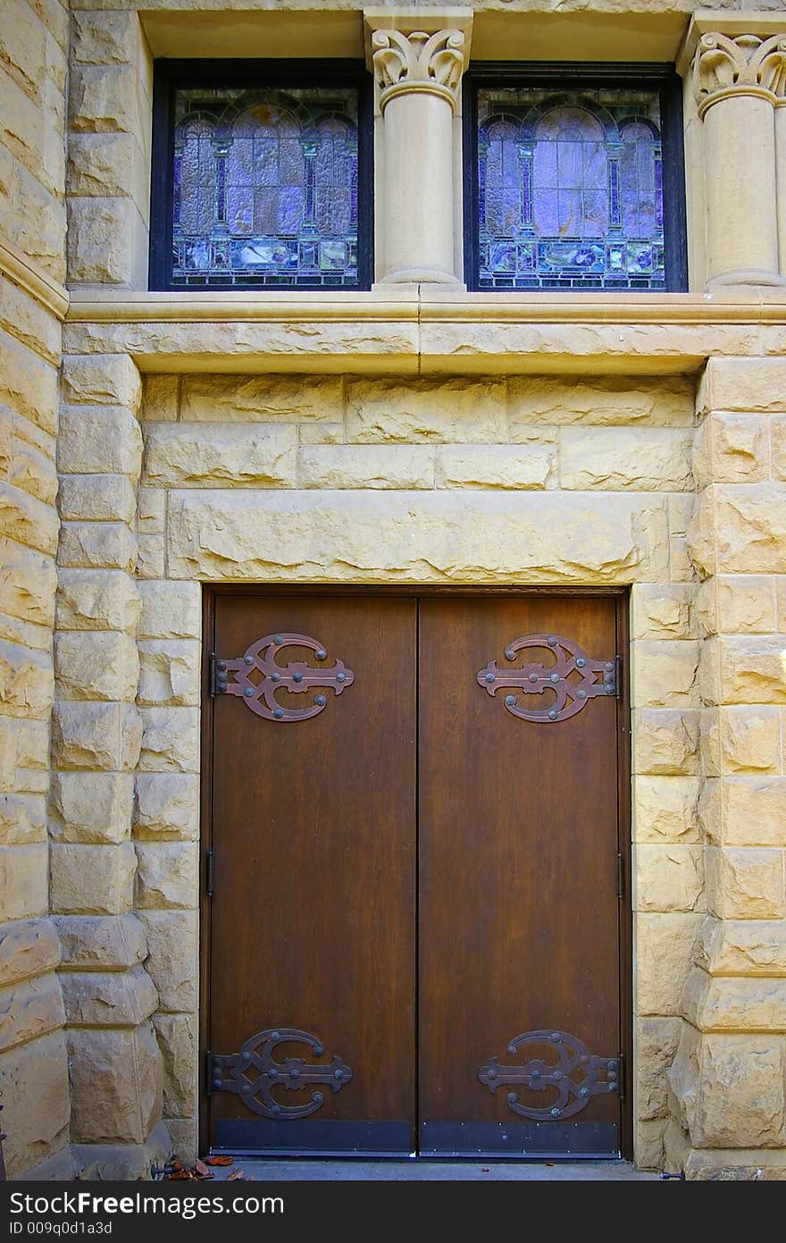 Architectural details, vintage church door at Stanford University, California