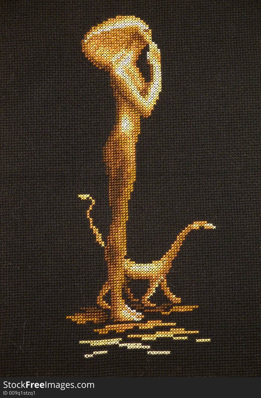 Egyptian cross-stitch, embroidery, black and golden colors, girl, cat, pray