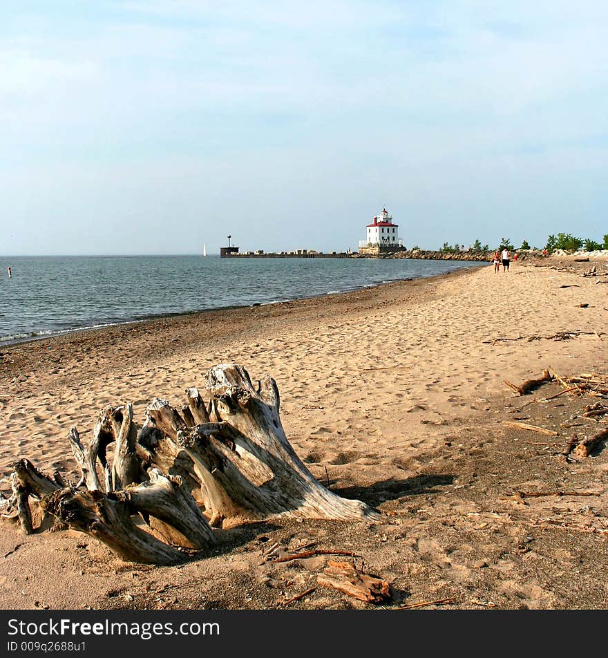 Lighthouse on Headlands beach on Lake Erie with driftwood in the foreground.