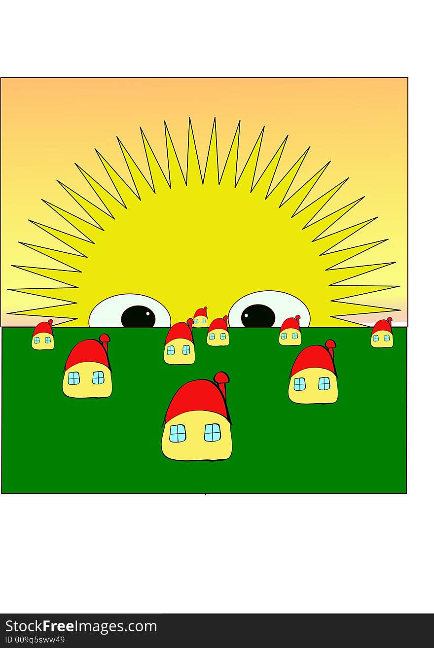 Computer generated vector graphics. Funny houses with the enormous sun background. Computer generated vector graphics. Funny houses with the enormous sun background.