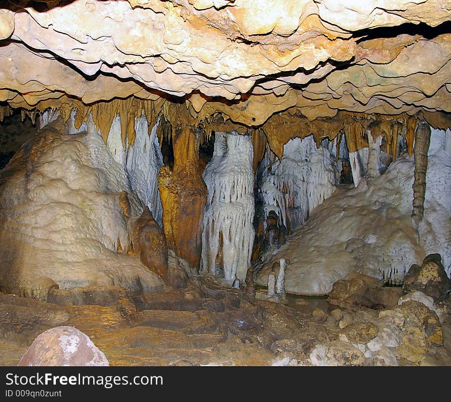 Flowstone and rim pools inside a cavern in northern florida.