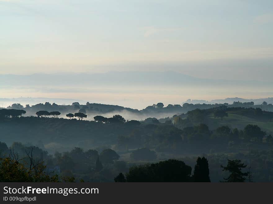 Hills and fog