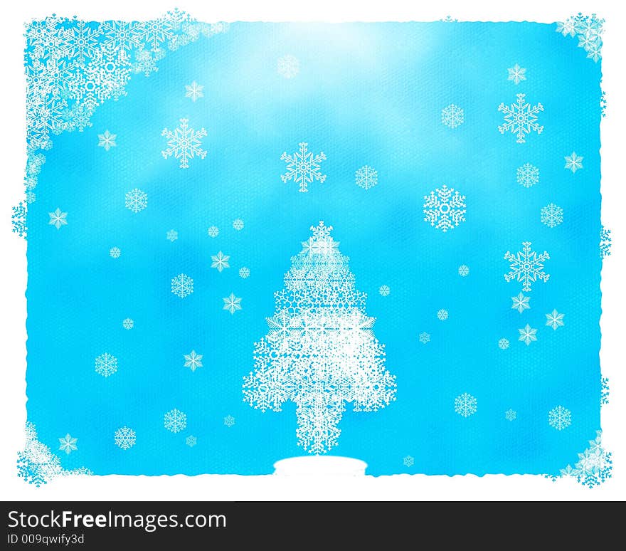 Bright blue winter background with snowflakes and Christmas tree. Bright blue winter background with snowflakes and Christmas tree