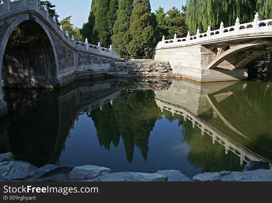 Two ancient bridges reflection in the Summer Palace of China