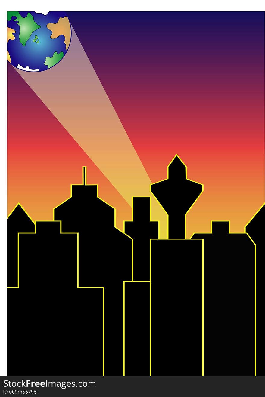 City skyline in front of a gradient background, a spolight searching for a new earth. This file is also available as Illustrator-file. City skyline in front of a gradient background, a spolight searching for a new earth. This file is also available as Illustrator-file