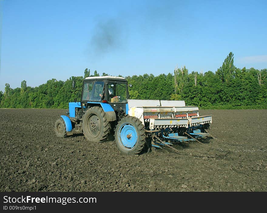 The tractor processes the ground under crop.