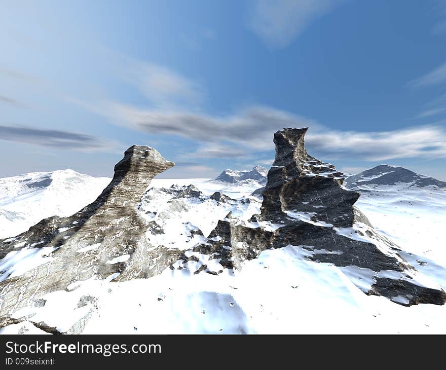 A scenic nature rendering of a snowy mountain landscape