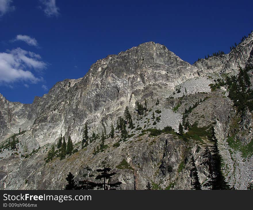 Stunning alpine cliffs with gorgeous blue sky above