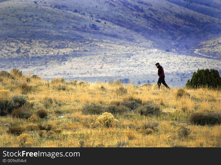 One person walking along trail with brush and mountains in background