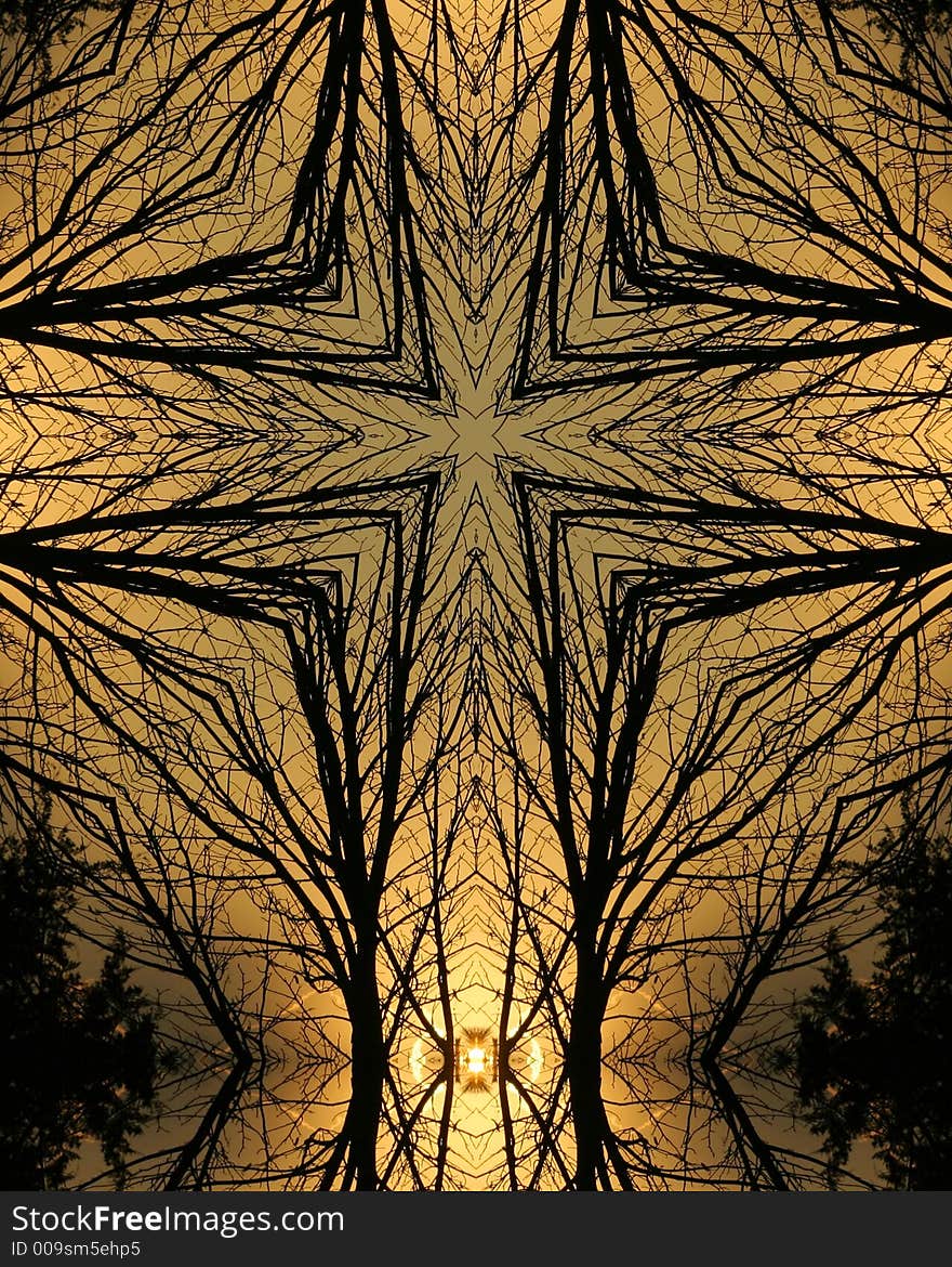 Kaleidoscope cross created from photo of tree silhouette at dawn. Kaleidoscope cross created from photo of tree silhouette at dawn