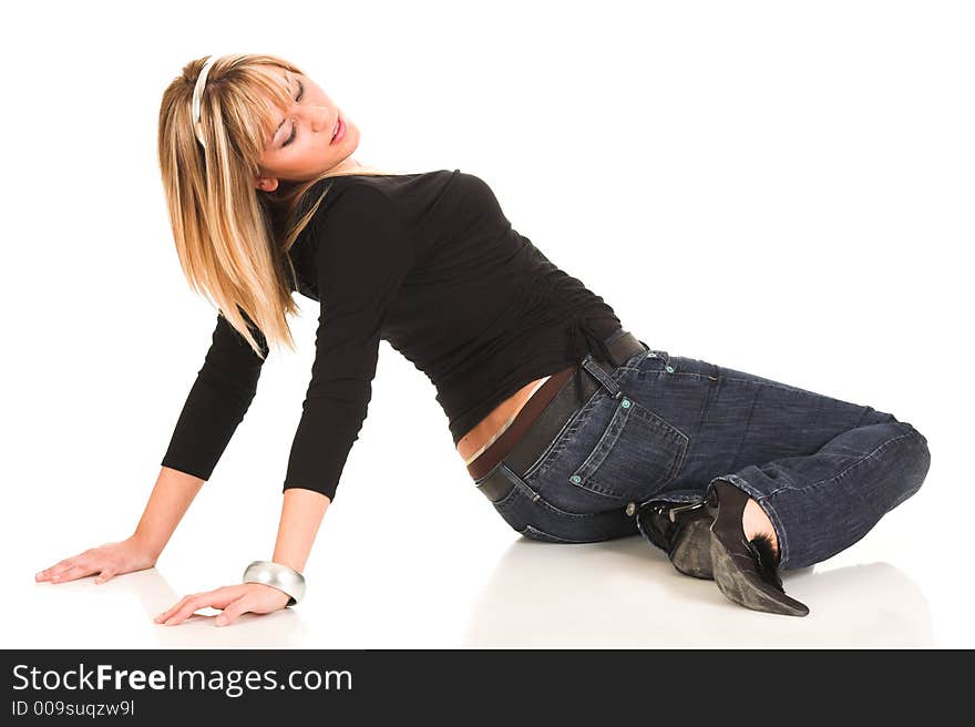 Beautiful young woman on white background