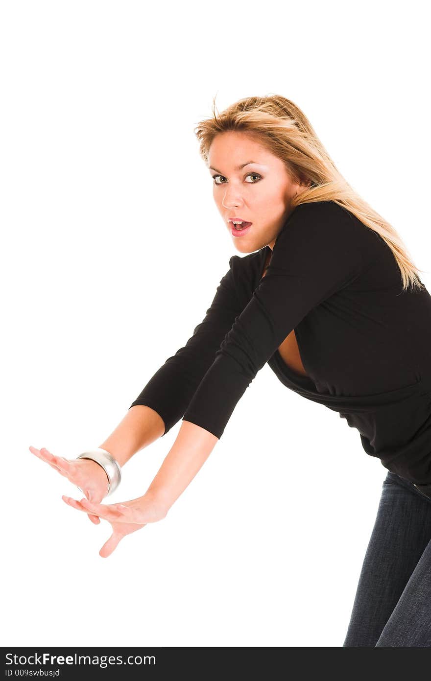 Beautiful young woman on white background