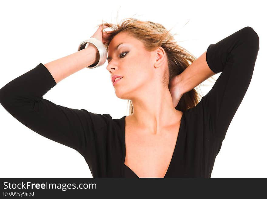 Beautiful young woman on white background