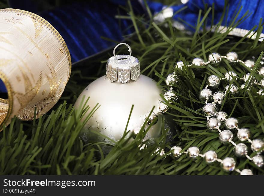 Blue christmas ornaments with christmas lights on christmas time. Blue christmas ornaments with christmas lights on christmas time