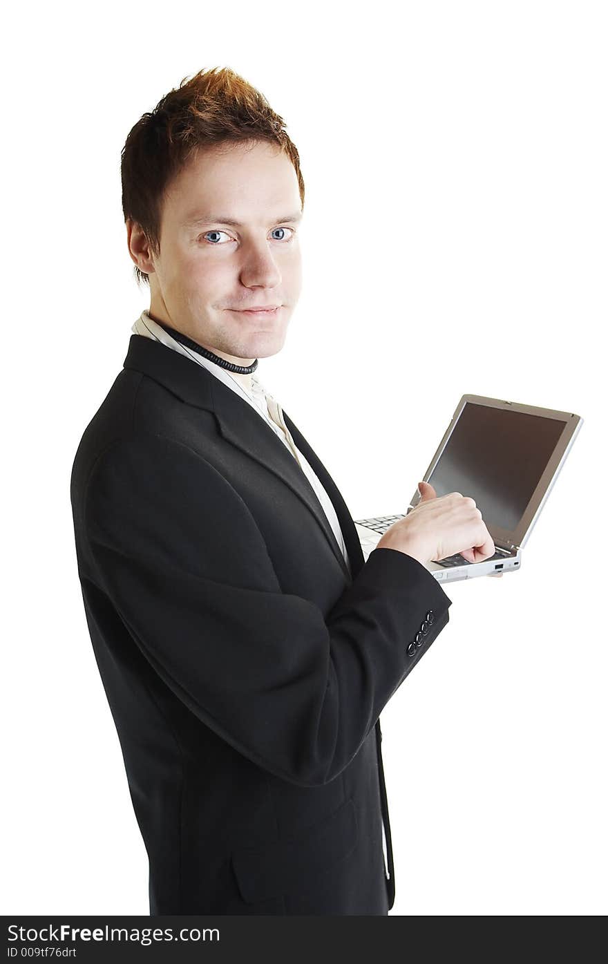 Isolated business man with laptop computer. Isolated business man with laptop computer