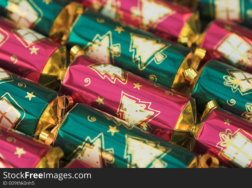 Red & green christmas crackers - shallow depth of field