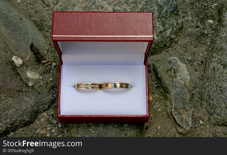 Wedding rings in a red box on stones