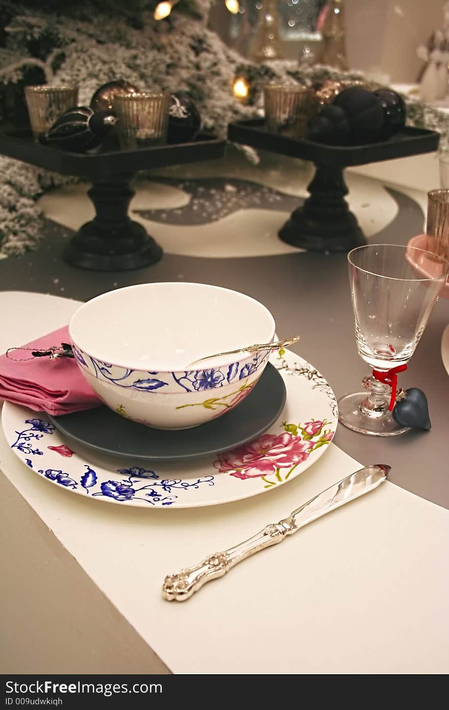 Celebration table with decorative kitchenware and glass