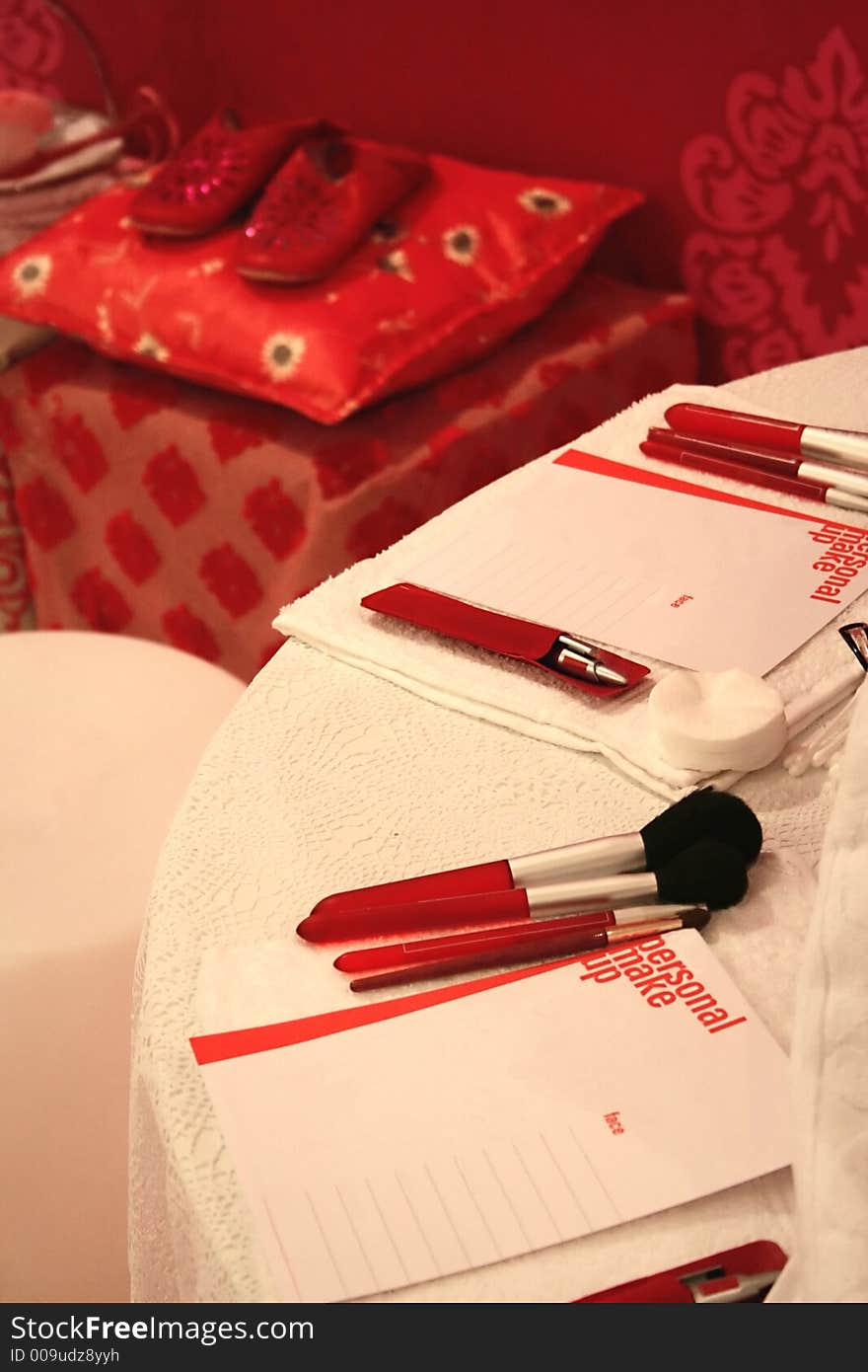 Make-up table for party preparation in red