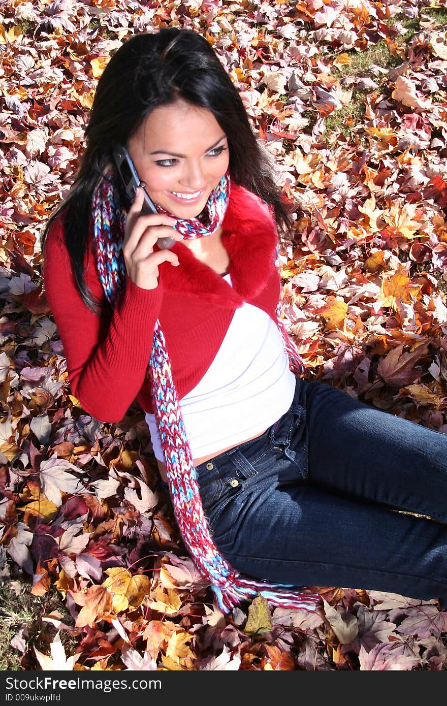 Autumn Scene Fall Woman With Cell Phone