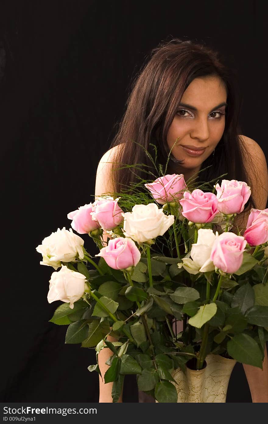 Valentine (or birthday) girl with flowers on black. Valentine (or birthday) girl with flowers on black