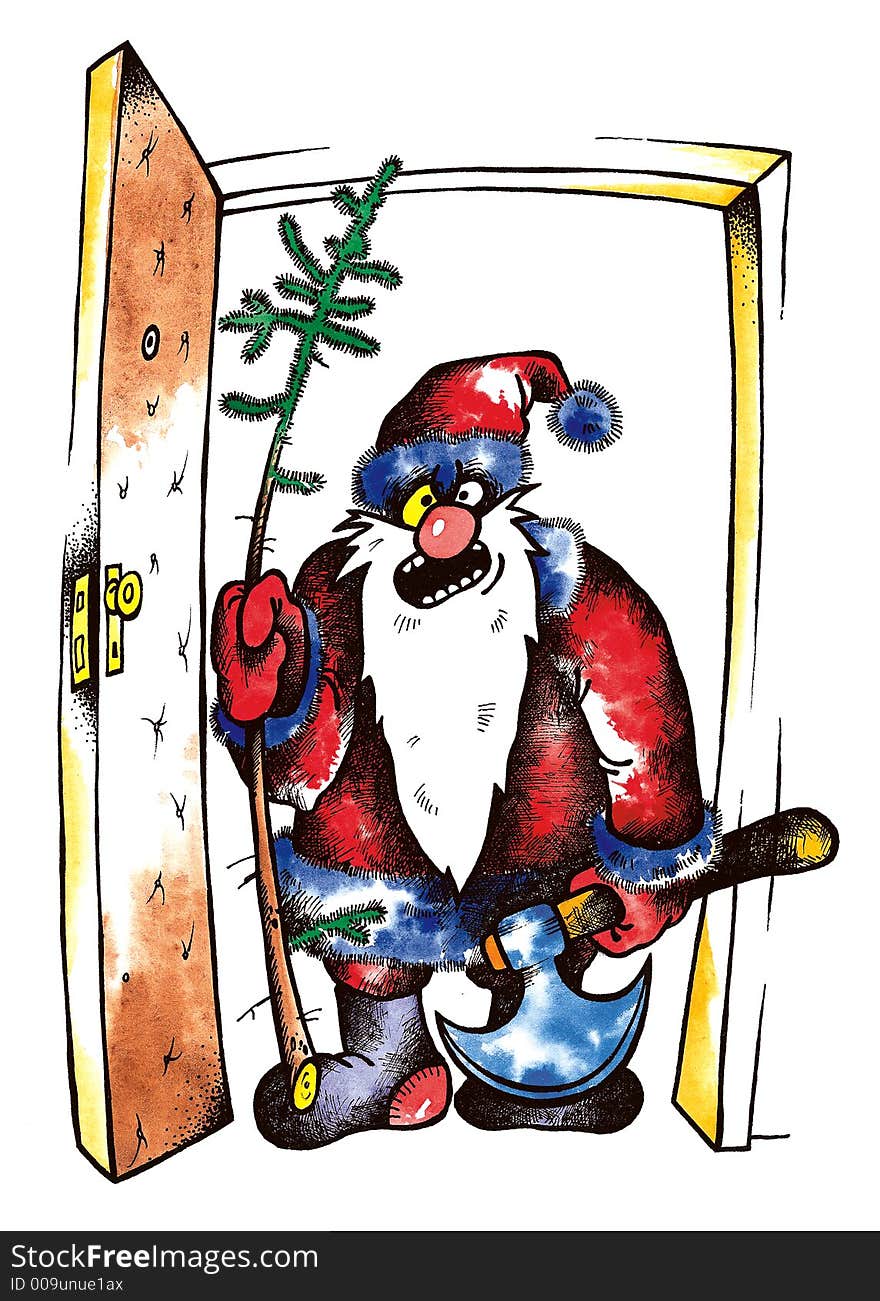 Cartoon illustration of crazy santa with axe