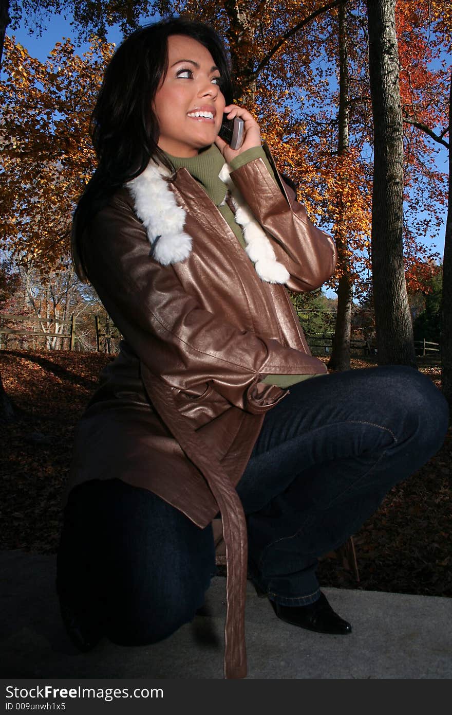 Autumn Scene Fall Woman With Cell Phone Communications Scene With Eye Appealing Model