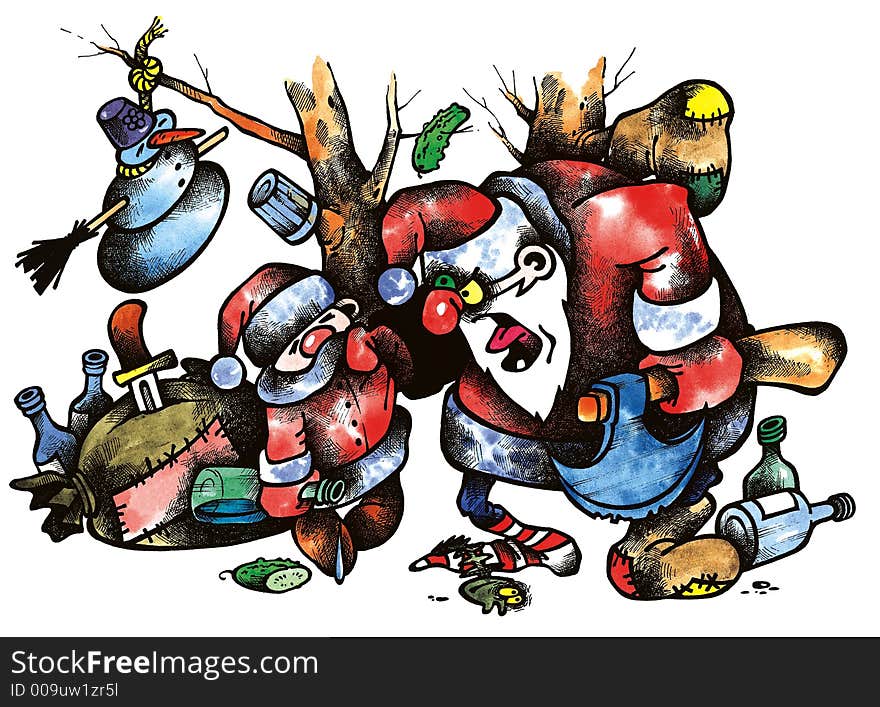 Cartoon illustration of drunk old and yong santa. Cartoon illustration of drunk old and yong santa