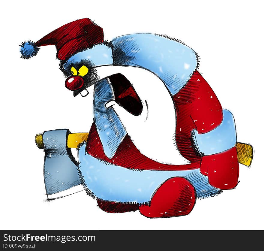 Cartoon illustration of angry santa with an axe