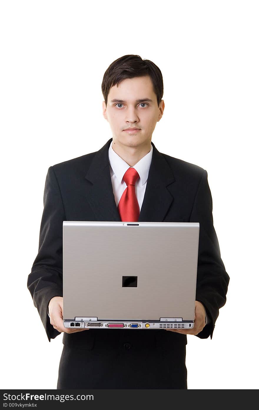 Young businessman with laptop, isolated on white