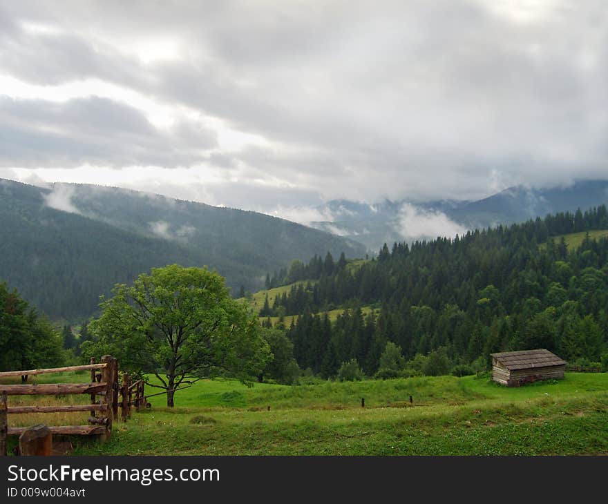 Emerald green mountainous meadow and overcast threatening sky (Jasynja village, Carpathian Mt's, Ukraine). Emerald green mountainous meadow and overcast threatening sky (Jasynja village, Carpathian Mt's, Ukraine)