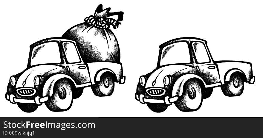 Cartoon illustration of a car with present and without in black colour. Cartoon illustration of a car with present and without in black colour