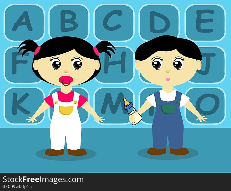 Cute cartoon toddlers in front of an alphabet wall