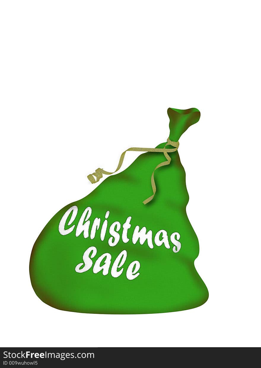 Christmas bag Santa with gifts - with sewn inscription Christmas sale (isolated on a white background)